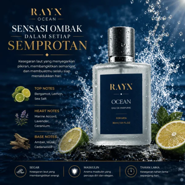 RAYN OCEAN Eau De Parfum 30ml Parfum Pria Aroma Fresh Marine Maskulin Wangi Segar Premium Original