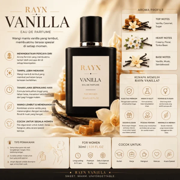 RAYN VANILLA Eau De Parfum 30ml Parfum Wanita Aroma Vanilla Manis Tahan Lama Wangi Premium Elegan Daily Wear Parfum Original