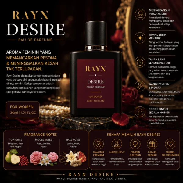 RAYN DESIRE Eau De Parfum 30ml Parfum Wanita Aroma Floral Fruity Tahan Lama Wangi Feminin Elegan Premium Original