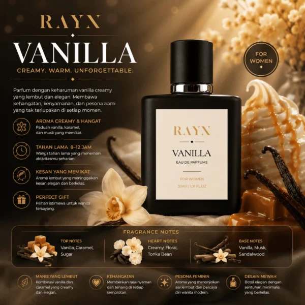 RAYN VANILLA Eau De Parfum 30ml Parfum Wanita Aroma Vanilla Manis Tahan Lama Wangi Premium Elegan Daily Wear Parfum Original